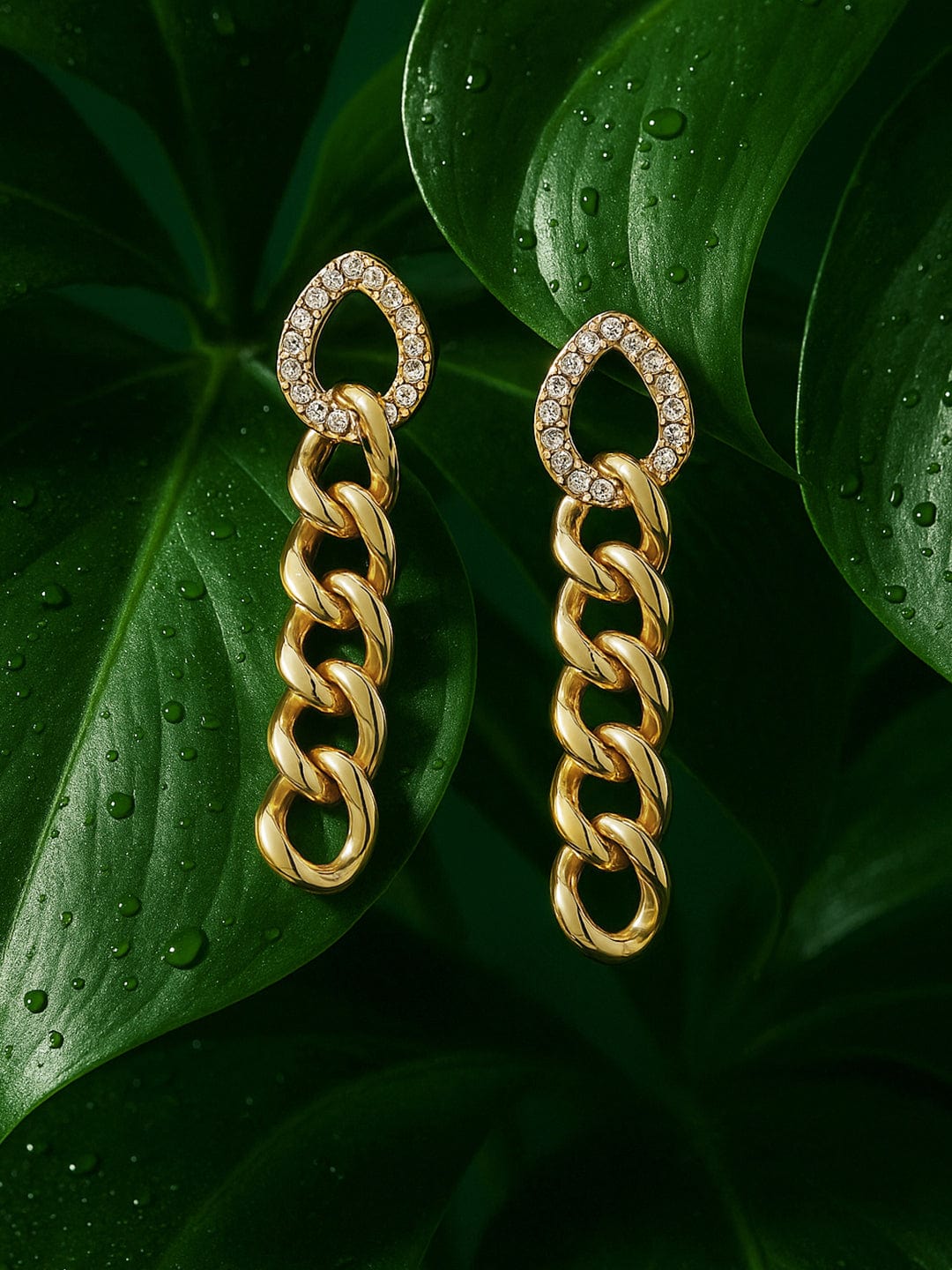 Rubans Voguish Gold Toned Cuban Link  Cubic Zirconia Drop Earrings