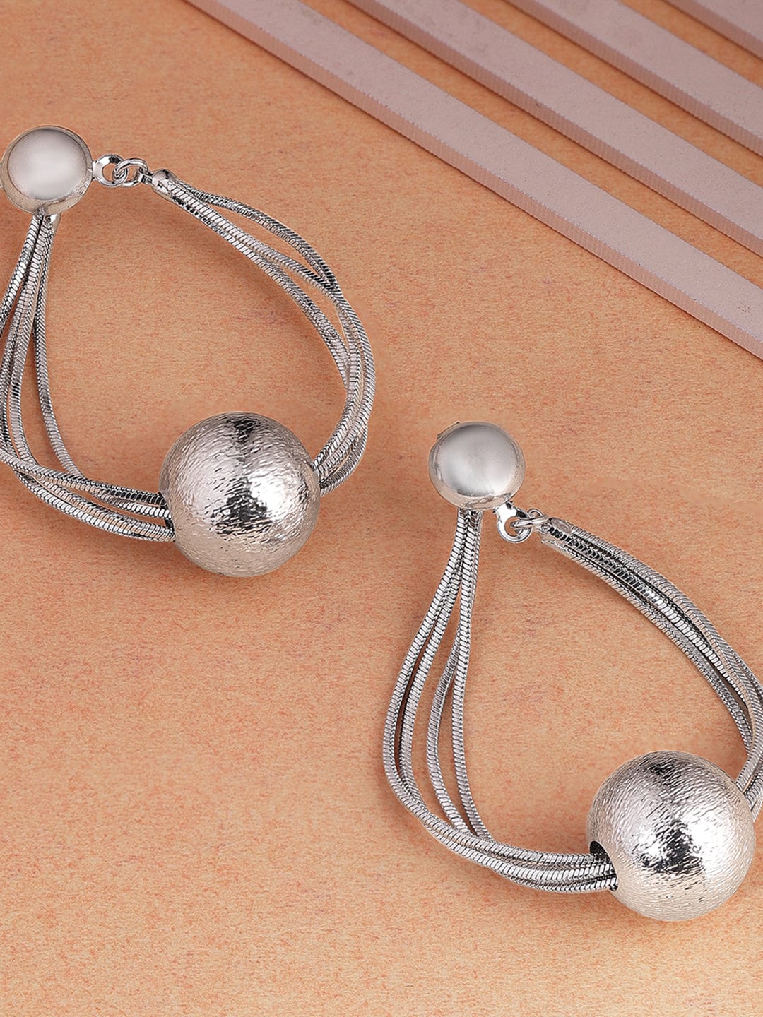 Rubans Voguish Silver-Plated Textured Ball & Multi-Strand Wire Sculptural Drop Earrings