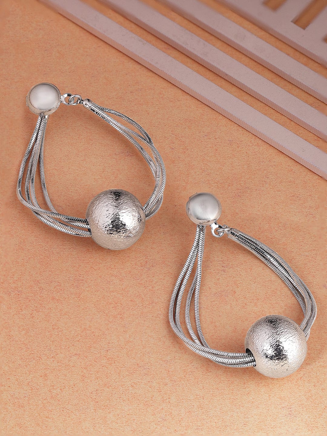 Rubans Voguish Silver-Plated Textured Ball & Multi-Strand Wire Sculptural Drop Earrings
