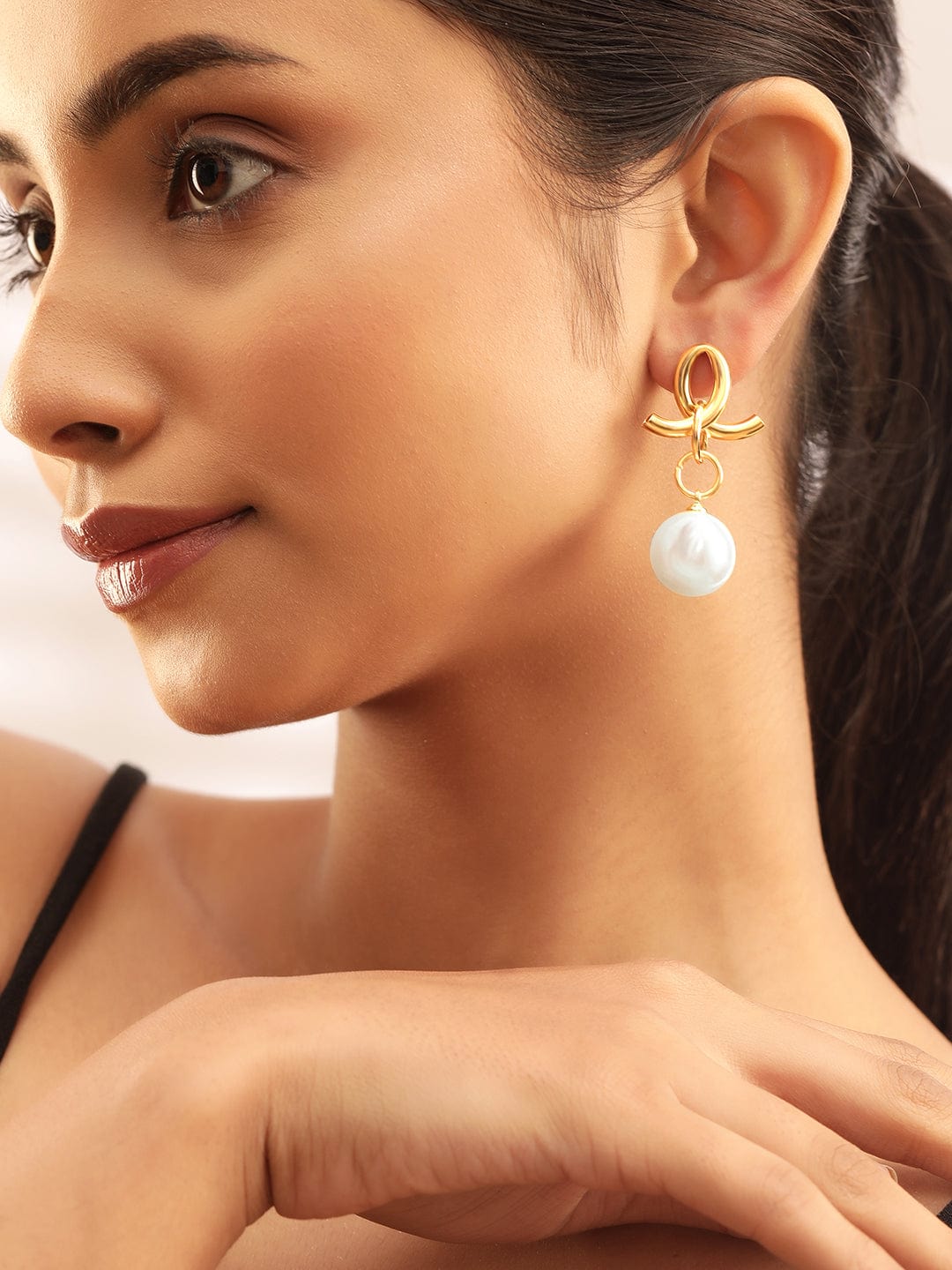 Rubans Voguish Regal Radiance Gold Plated Drop Earrings with Pearl Beaded Hanging