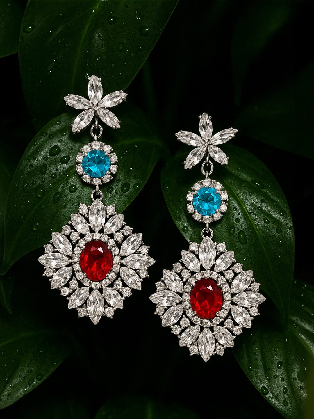Rubans Voguish Rhodium Plated Crystal Multicolor Zirconia Studded Floral Drop Earrings