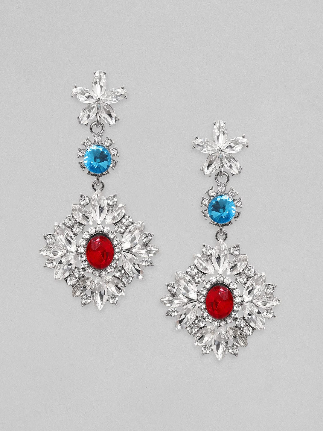 Rubans Voguish Rhodium Plated Crystal Multicolor Zirconia Studded Floral Drop Earrings
