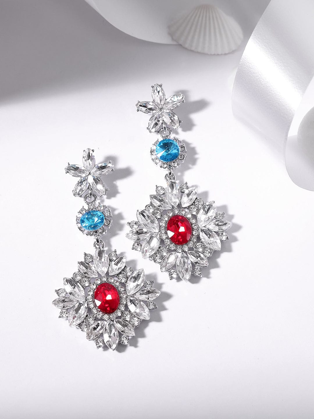 Rubans Voguish Rhodium Plated Crystal Multicolor Zirconia Studded Floral Drop Earrings