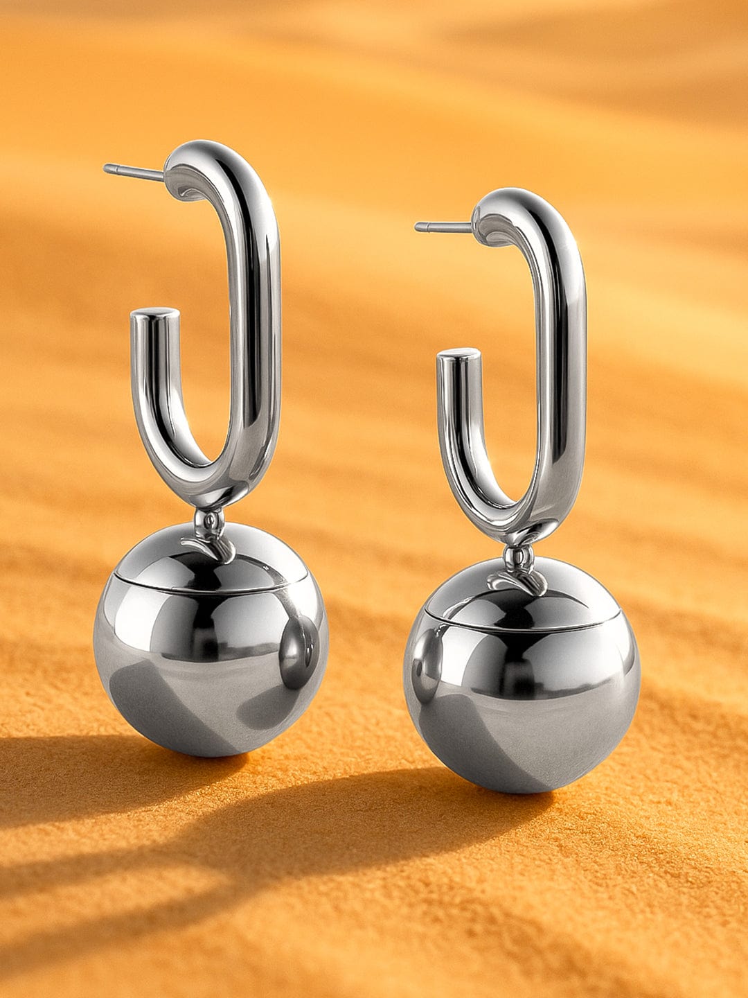 Rubans Silver-Plated Contemporary Dangle Hoop Earrings with Bold Sphere Detailing