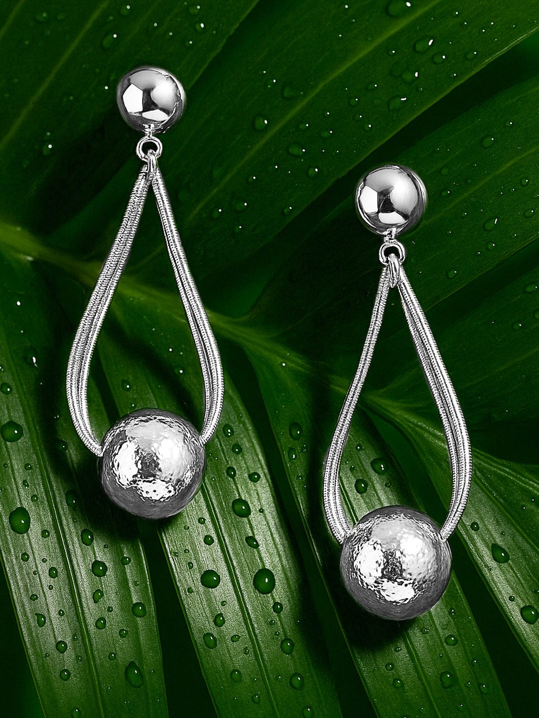 Rubans Voguish Silver-Plated Textured Ball & Multi-Strand Wire Sculptural Drop Earrings