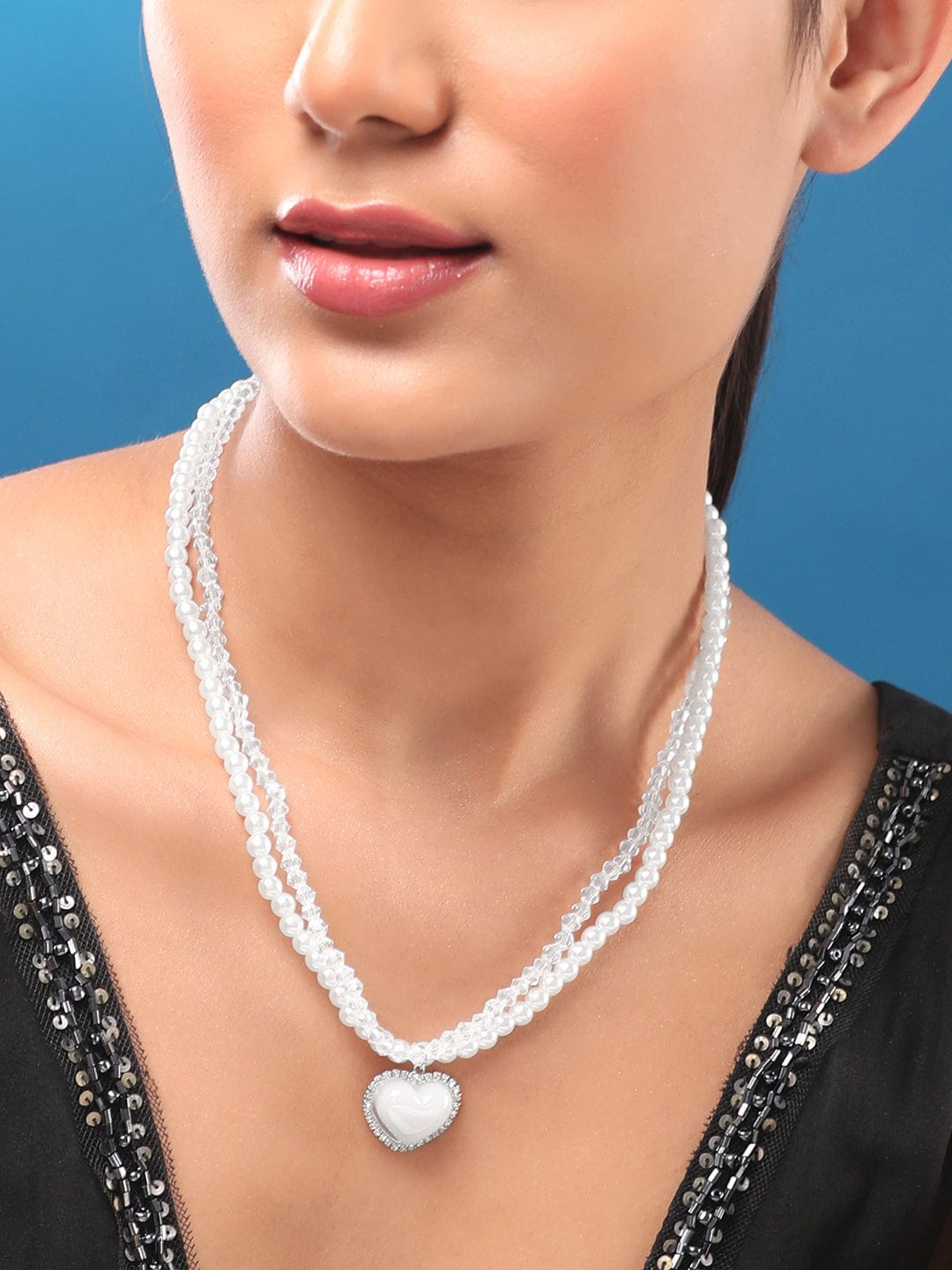 Rubans Voguish Rhodium-Plated Crystal Pearl Studded Layered Necklace