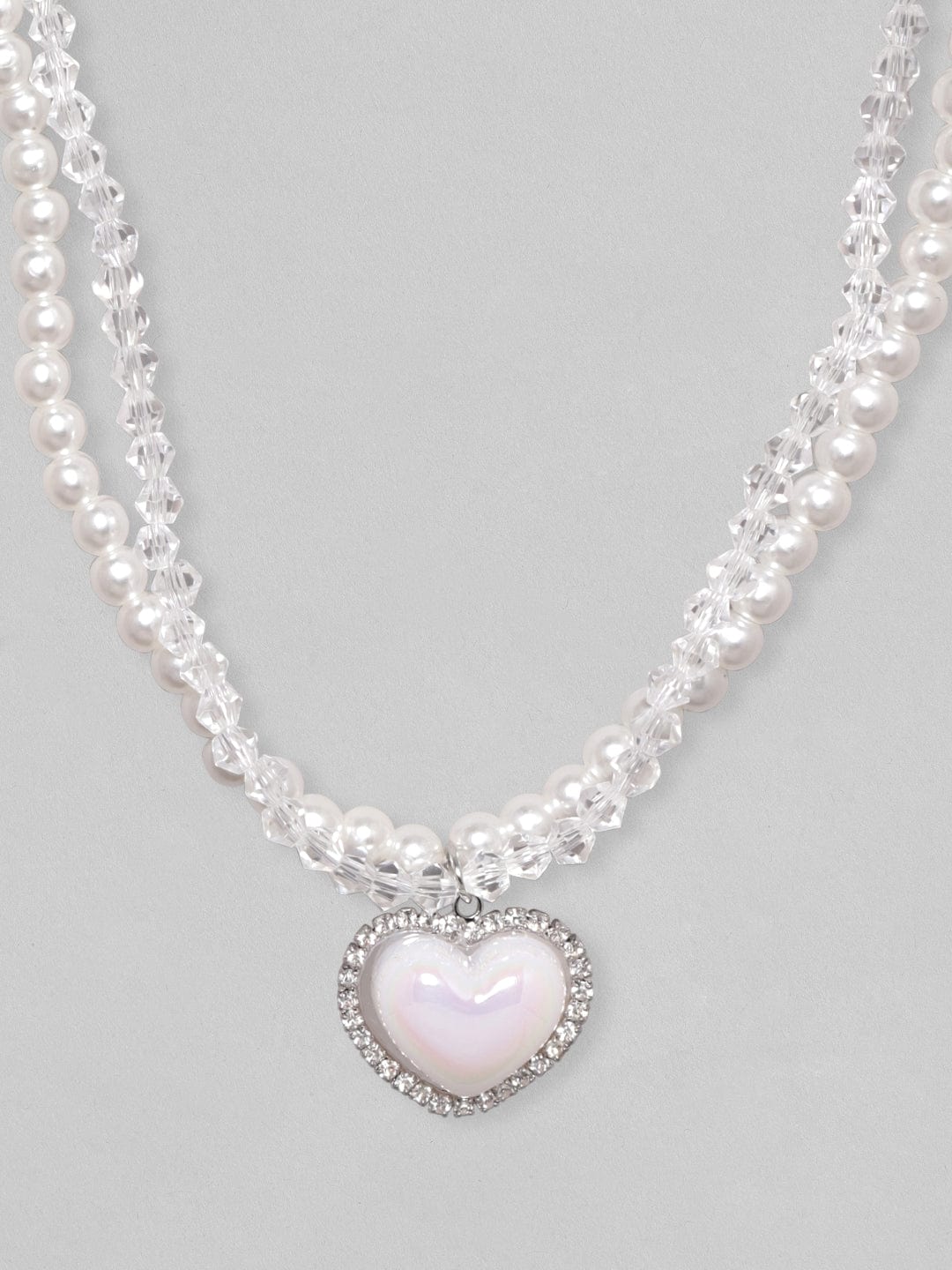 Rubans Voguish Rhodium-Plated Crystal Pearl Studded Layered Necklace