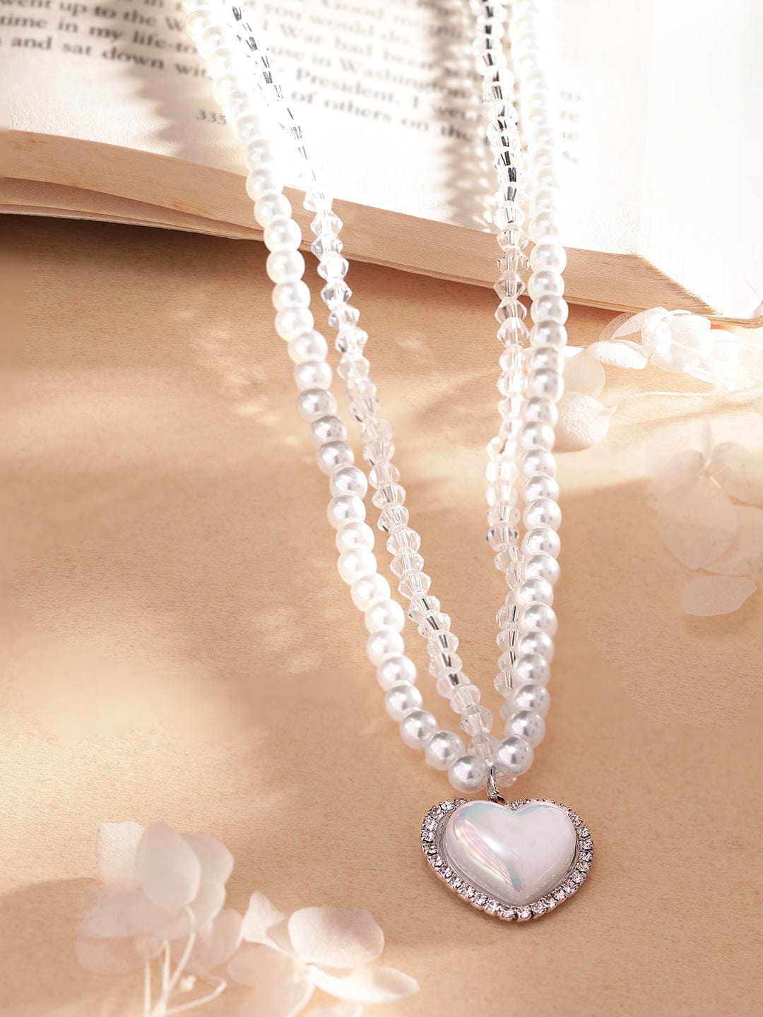 Rubans Voguish Rhodium-Plated Crystal Pearl Studded Layered Necklace