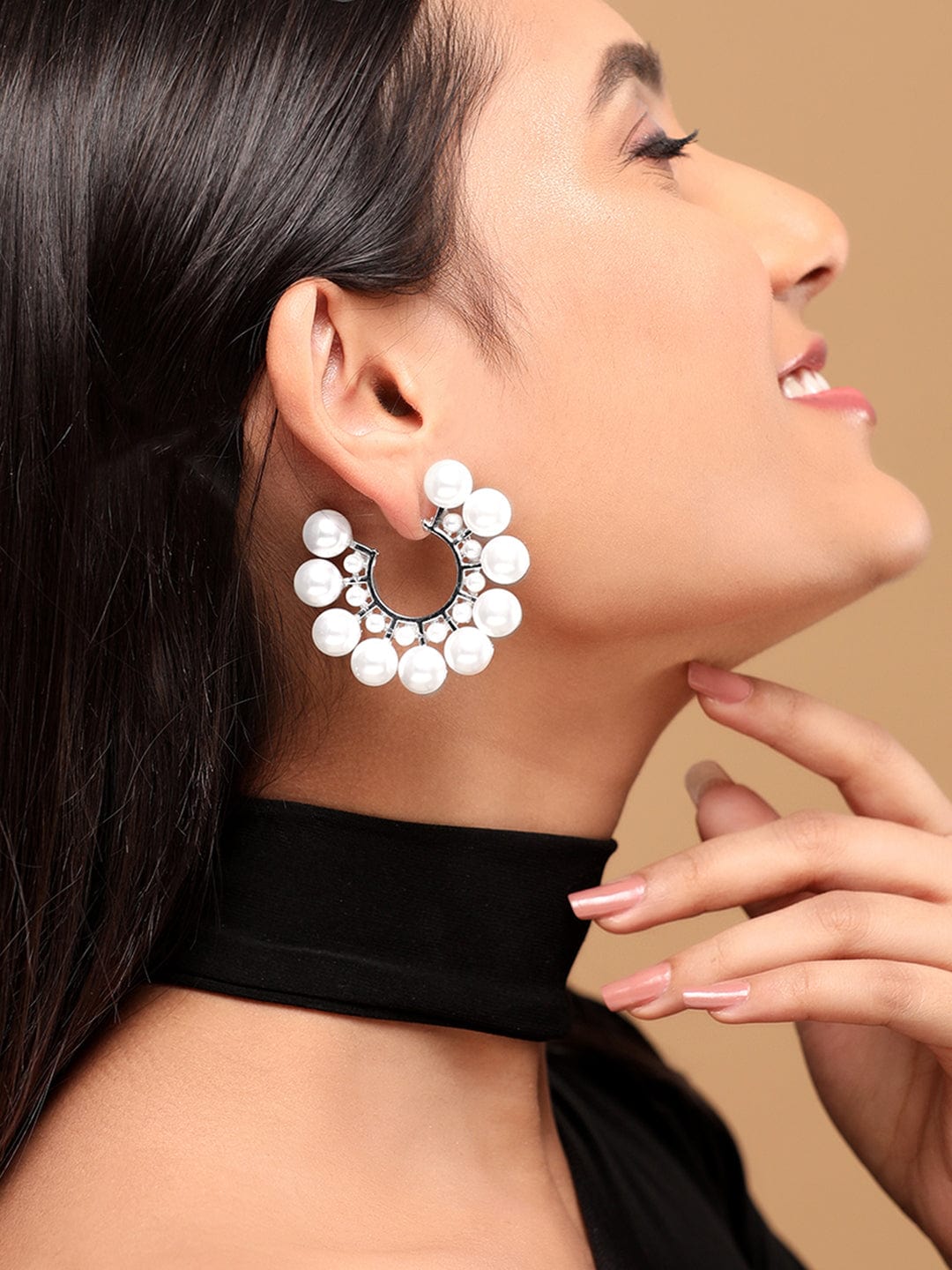 Rubans Voguish Silver Toned White Pearls Studded Hoop Earring