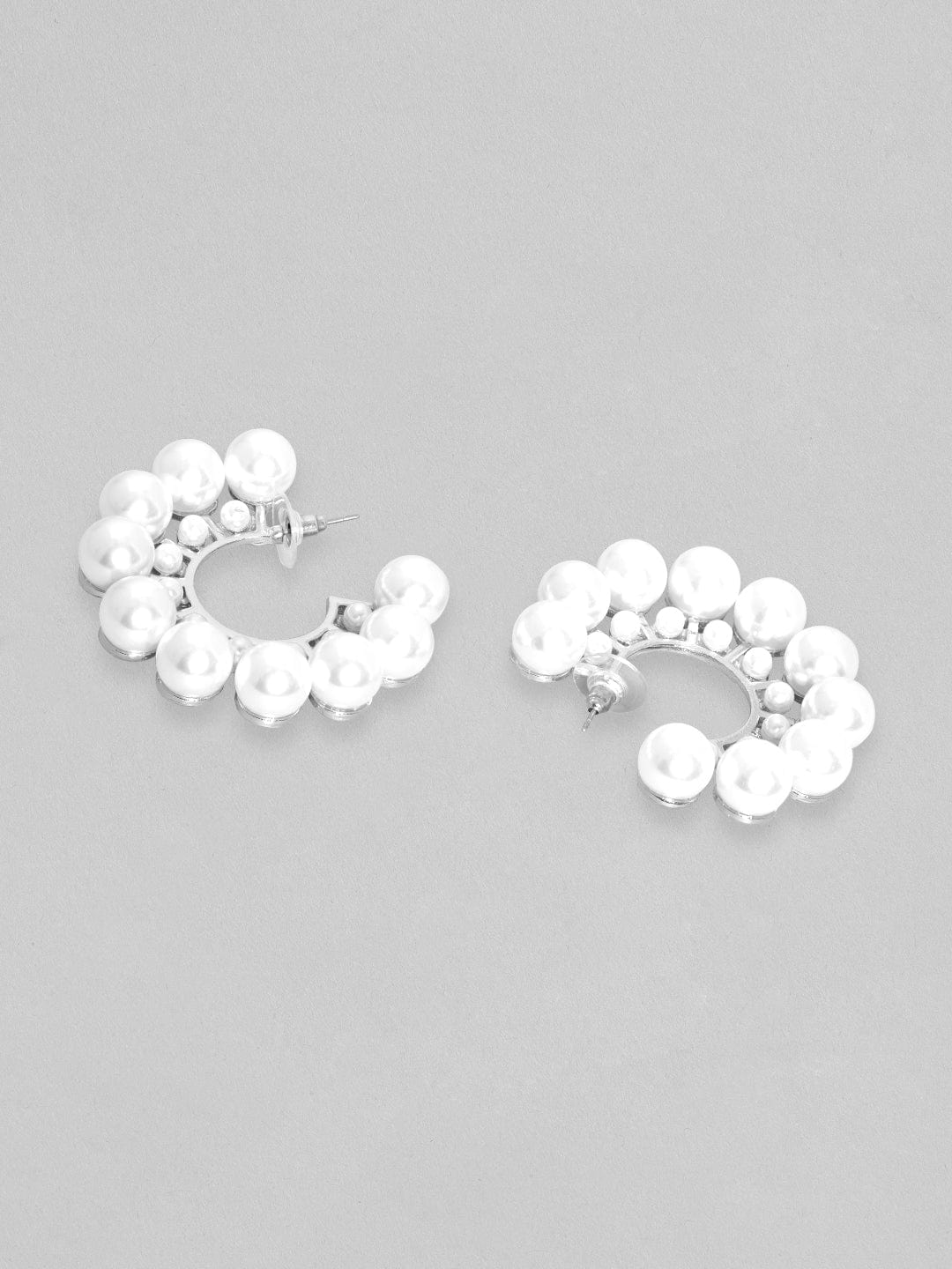 Rubans Voguish Silver Toned White Pearls Studded Hoop Earring