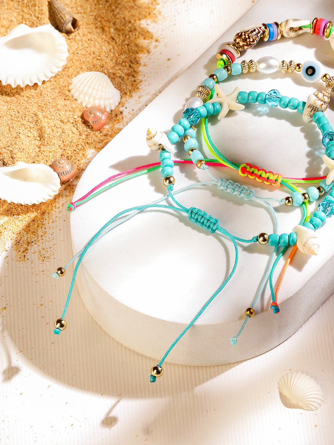 Rubans Set of 3 Adjustable Cord Anklets in Aqua & Multicolor with Shell Beads & Evil Eye