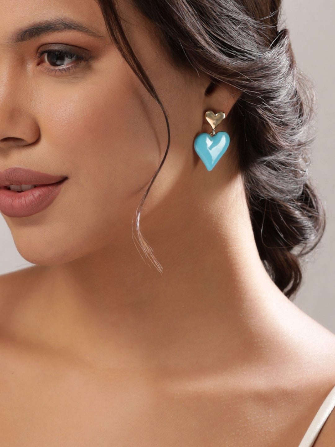 Rubans 18K Gold Plated Blue Enamel Heart Motif Earrings