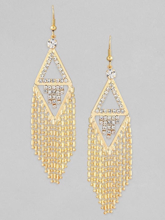Rubans 18K Gold Plated Zirconia Studded Chain Beaded Fringe Dangler Earrings
