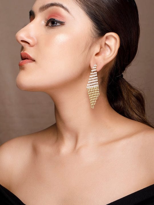 Rubans 18K Gold Plated Zirconia Studded Gold Beaded Patterned Dangle Earrings