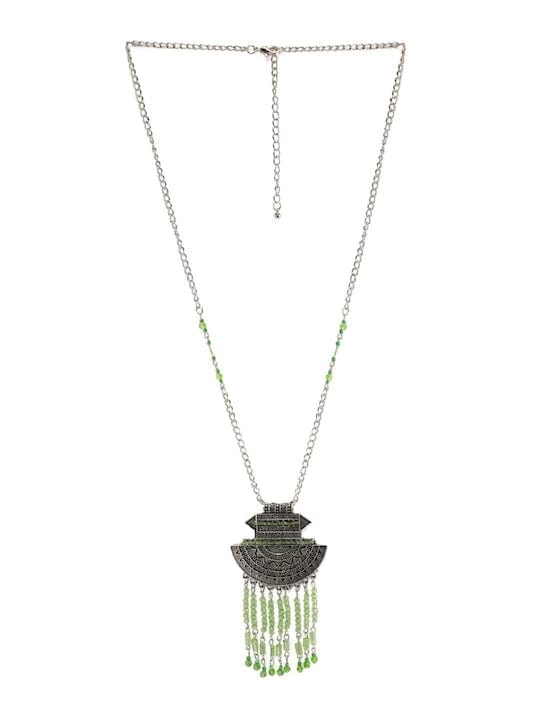 Rubans Oxidized Silver Green Crystal Tassel Necklace