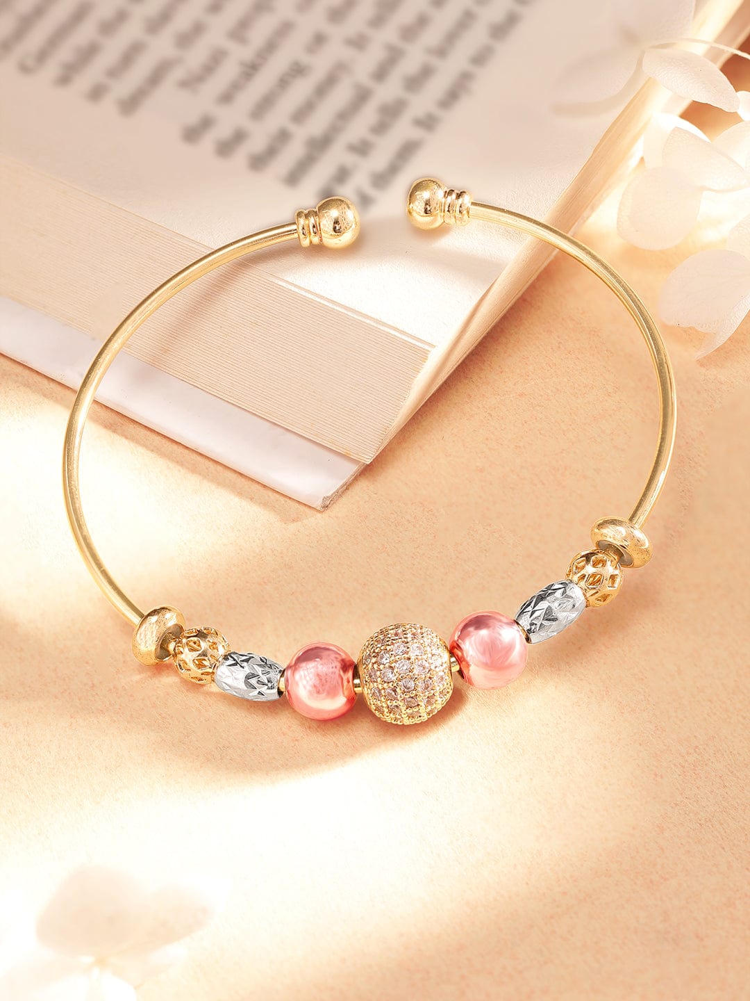 Rubans 18K Gold Plated Zirconia Beaded Charm Adjustable Minimal Bracelet
