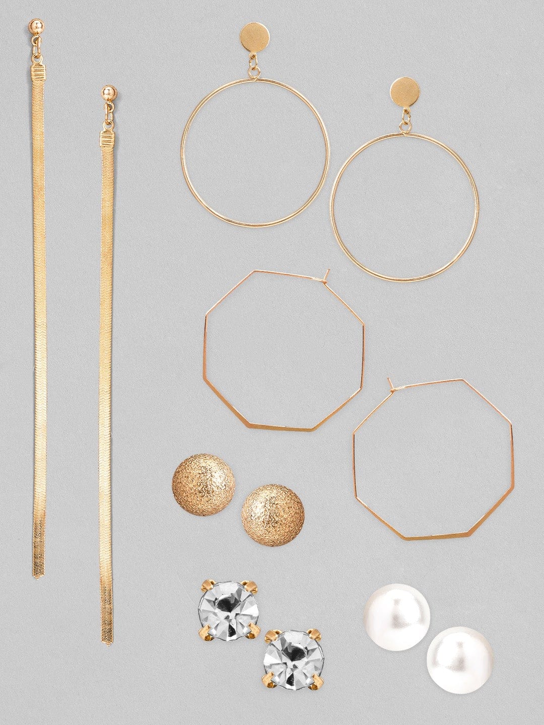 Rubans Set of 6 Gold Plated Studs, Hoop Earring And Shoulder Dusters