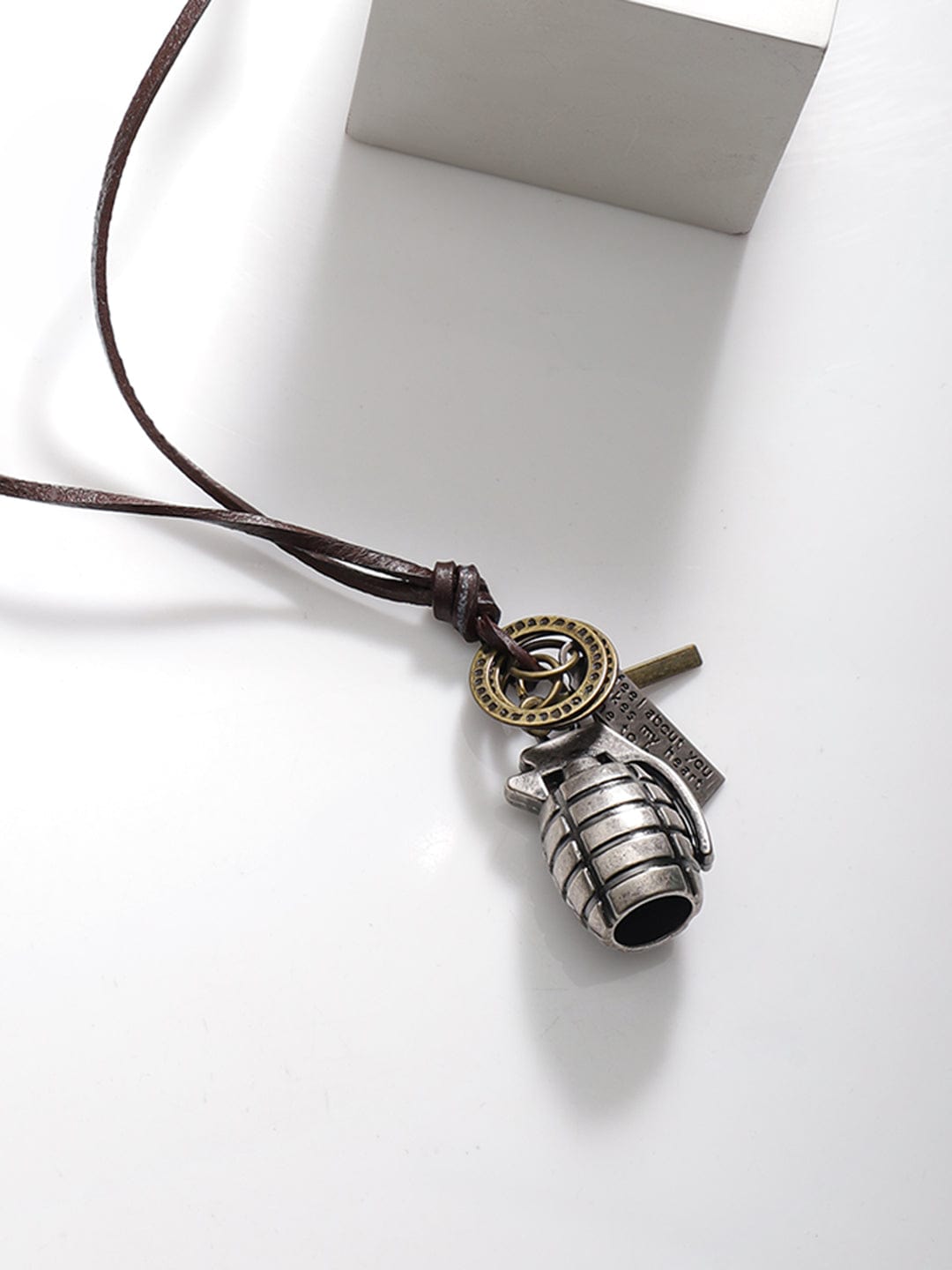 Voguish Men Grenade Pendant With Brown Lather Adjustable Necklace.