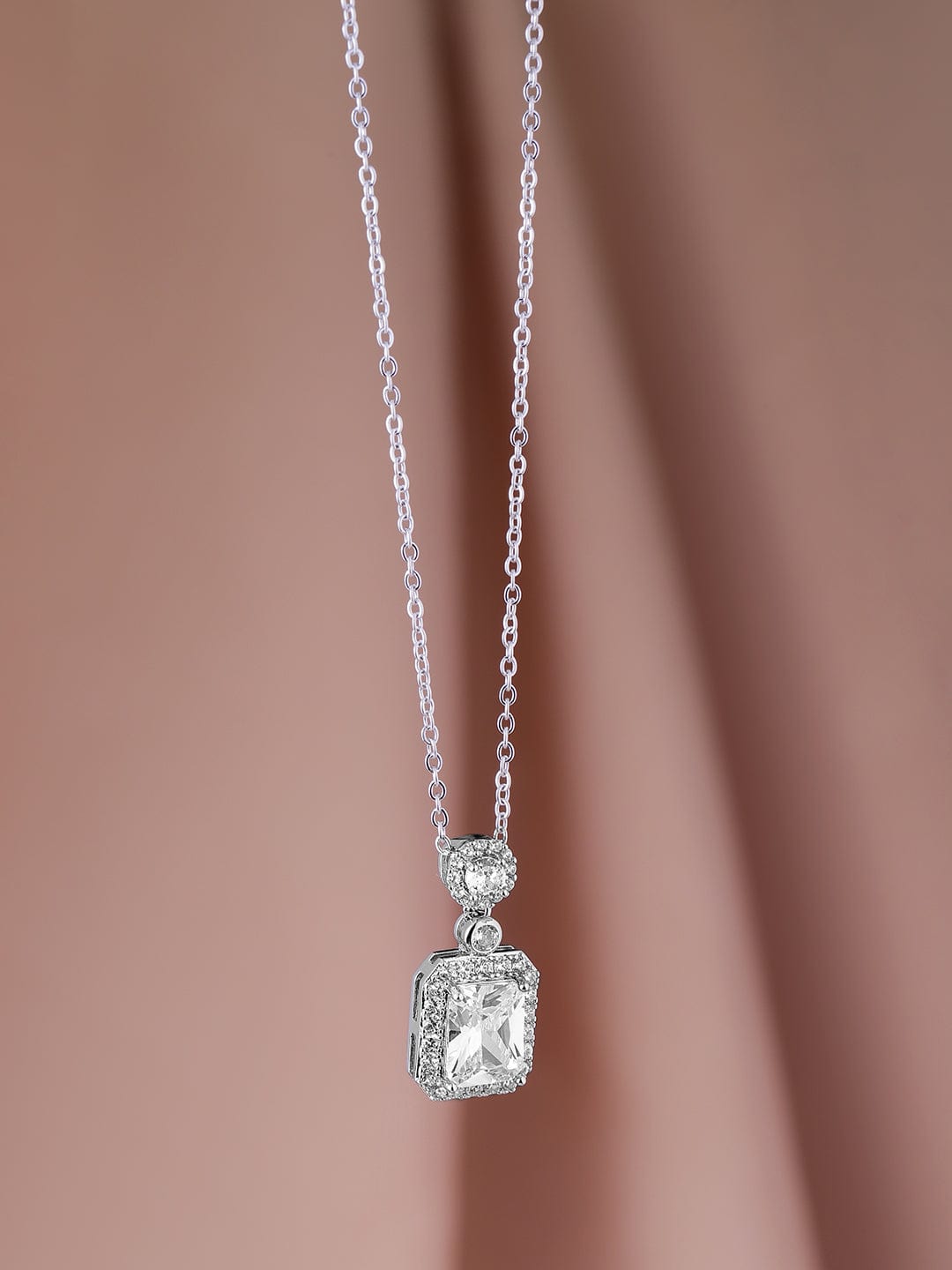 Voguish Rhodium Plated Sparkling AD & Cubic Zirconia Studded Rectangle Pendant Necklace