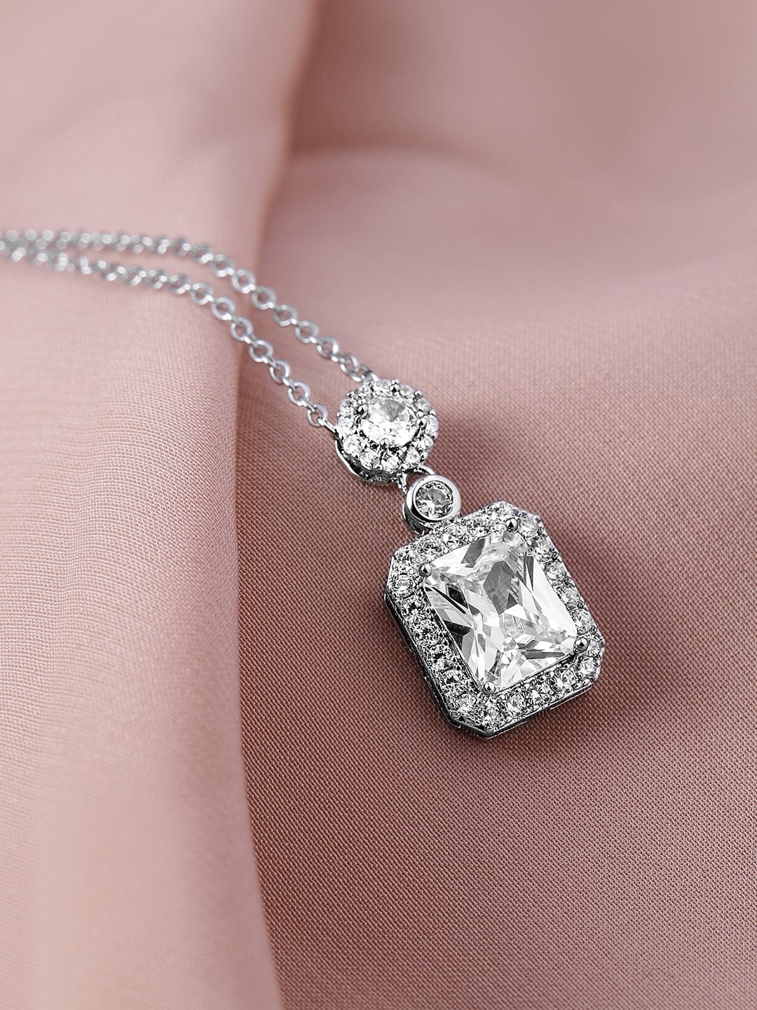 Voguish Rhodium Plated Sparkling AD & Cubic Zirconia Studded Rectangle Pendant Necklace